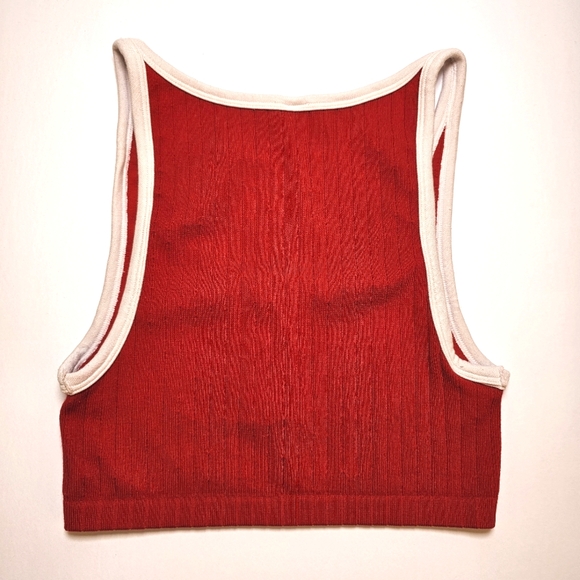 Red with white trim ribbed stretch knit crop tank top size S US - Picture 4 of 4